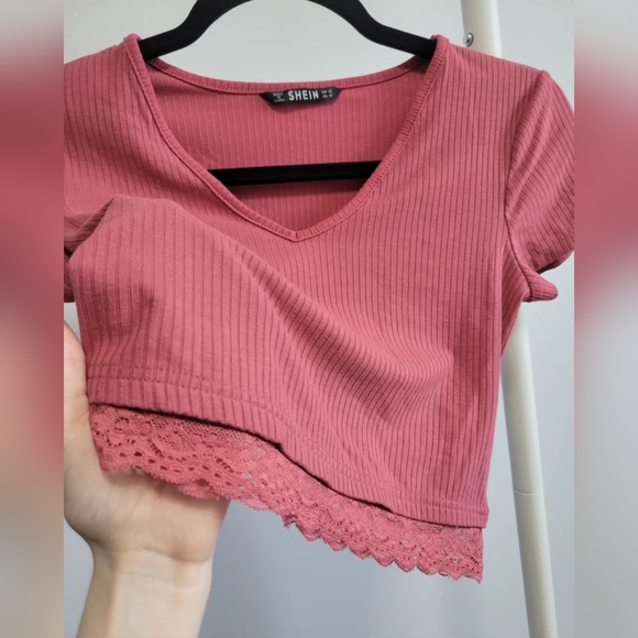 SOLD NEW Shein ribbed lace trim vneck tee - Picture 2 of 2